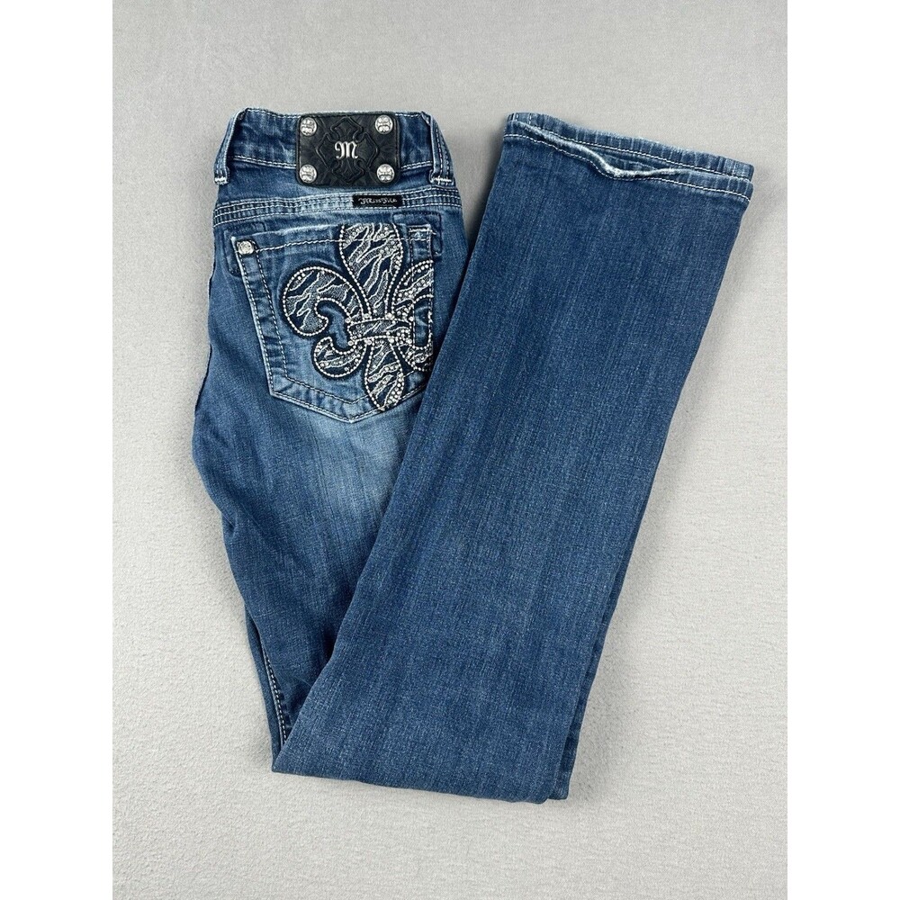 Miss Me Bootcut Low Rise Jeans Thick Stitch Jewel Embellished Fleur de Lis Y2K